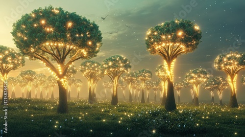 Artistic depiction of renewable energy sources represented as glowing tree-like structures in a serene meadow. photo