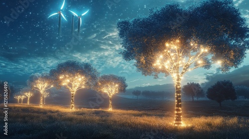 Artistic depiction of renewable energy sources represented as glowing tree-like structures in a serene meadow. photo