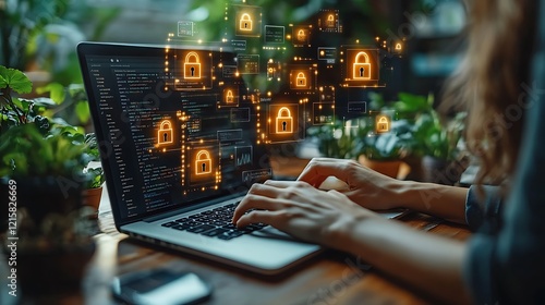 A programmer diligently works on secure code, enhancing data protection with advanced encryption, visualized by glowing padlock icons surrounding her laptop screen