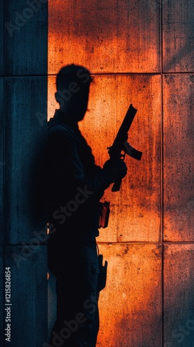 Silhouette of a Soldier with a Gun Against a Warm-Colored Wall