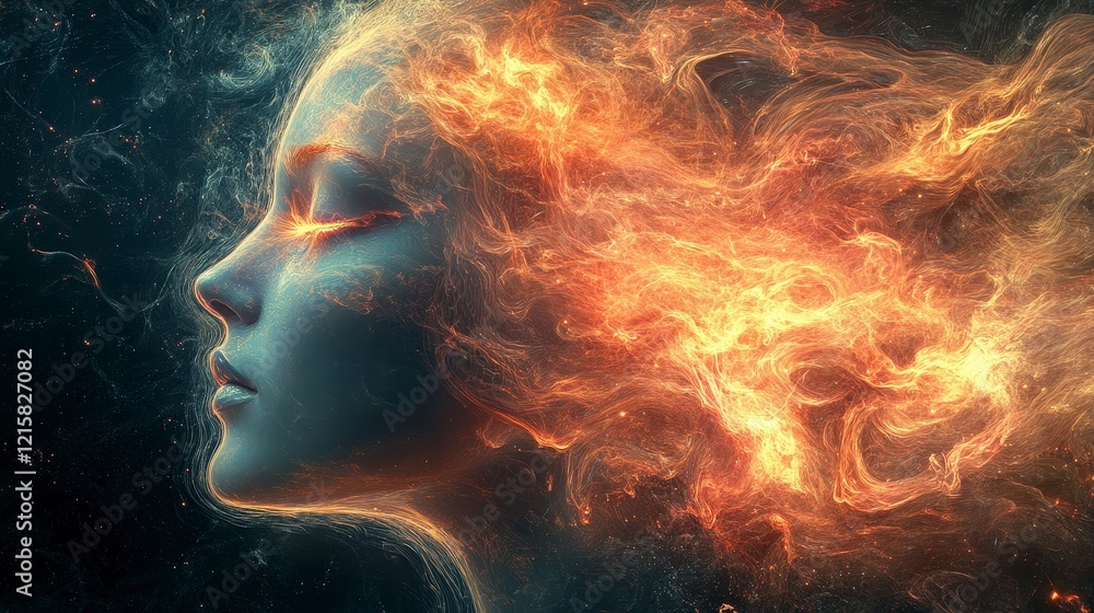 Ethereal Portrait of a Woman with Fiery Flames Surrounding Her Face and Hair Ethereal Portrait of a Woman with Fiery Flames Surrounding Her Face and Hair