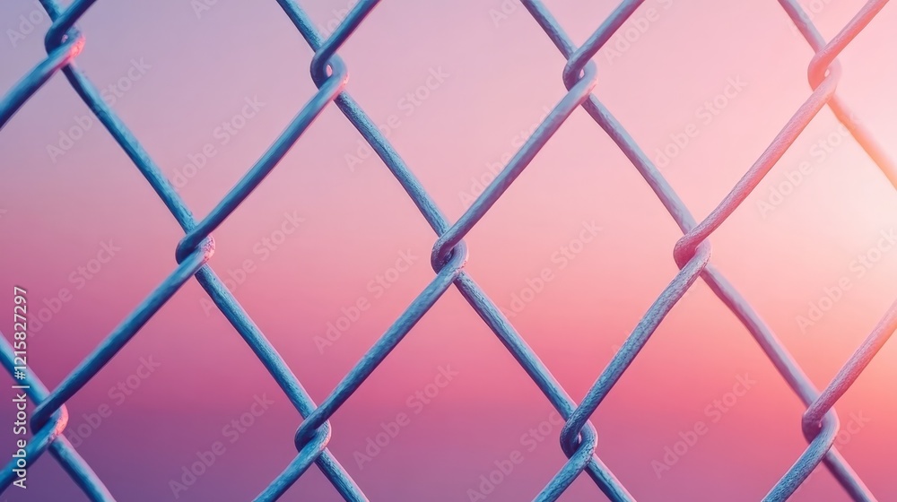Fototapeta premium Close-Up View of Wire Fence with Colorful Sunset Background and Soft Focus Effect