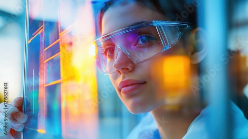 Close-up of a young scientist inspecting transparent flexible solar panels, cutting-edge renewable energy development photo