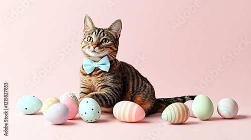 A dapper tabby cat, wearing a light blue bow tie, sits serenely amidst pastel-colored Easter eggs, creating a charming and festive springtime scene. photo