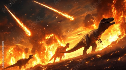 Fototapeta Naklejka Na Ścianę i Meble -  Fiery meteor shower descends upon dinosaurs amidst raging inferno. Illustrates extinction event, perfect for prehistoric or apocalyptic themes.