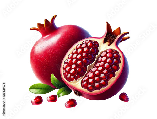 Isolated pomegranate. Whole pomegranate fruit with green leaves and open half of pomegranate isolated on white background with clipping path
