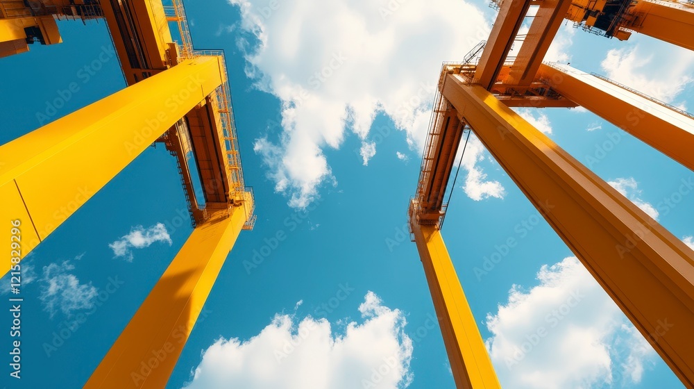 Bright Yellow Crane Structure Under Blue Sky with White Clouds Above Bright Yellow Crane Structure Under Blue Sky with White Clouds Above