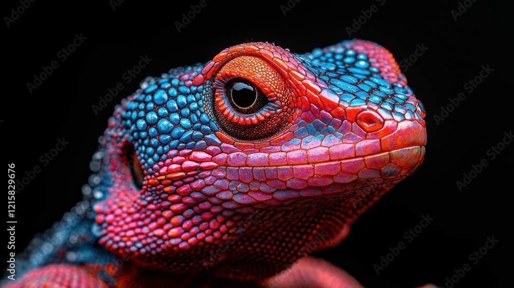 Obraz premium Detailed close-up shot of a lizard's head with striking blue and red scales against a black background