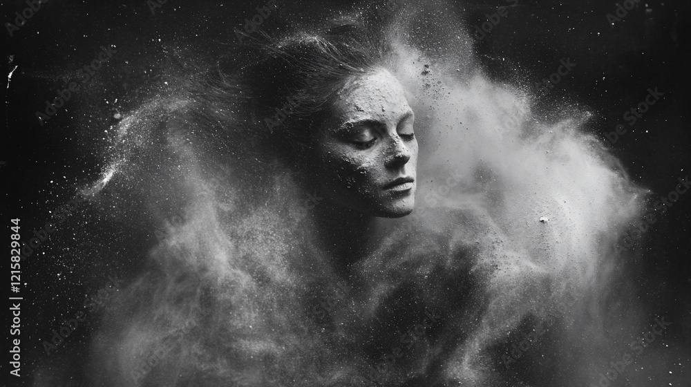 Serene woman submerged in ethereal powder cloud, monochrome. Serene woman submerged in ethereal powder cloud, monochrome.