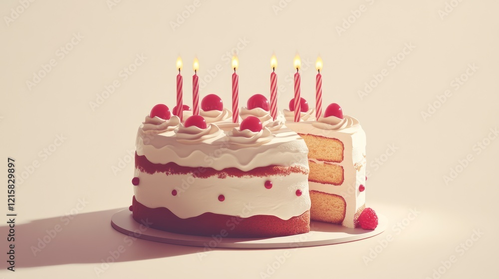 Delicious birthday cake with raspberries and candles.