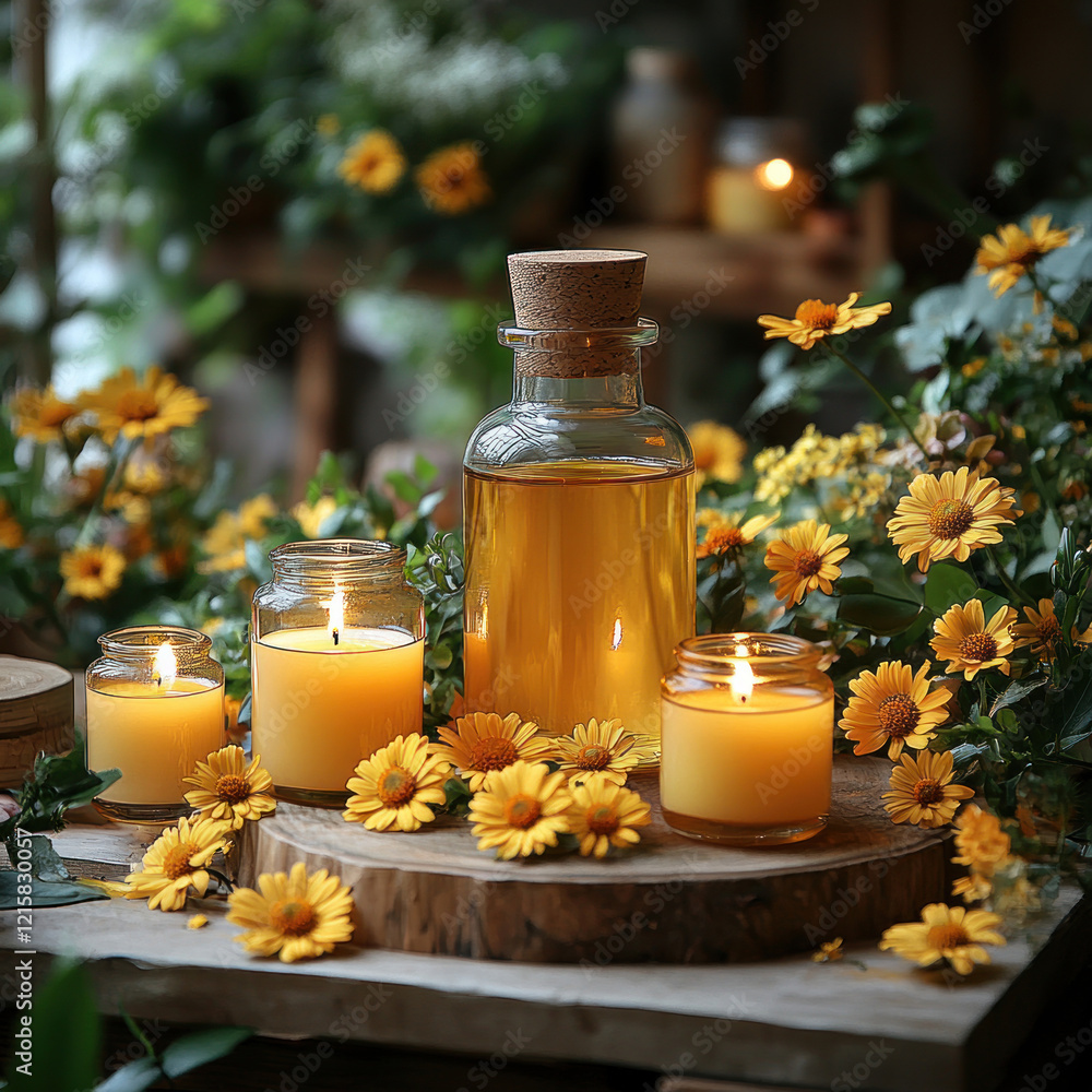 a cozy and atmospheric composition of natural elements. The centerpiece is a glass bottle with a yellow liquid, probably an oil or extract a cozy and atmospheric composition of natural elements. The centerpiece is a glass bottle with a yellow liquid, probably an oil or extract