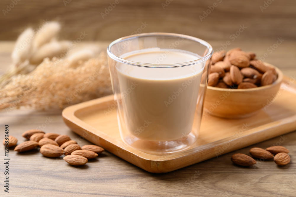 Almond milk in cup glass on wooden table, Alternative milk made from plant, non dairy Almond milk in cup glass on wooden table, Alternative milk made from plant, non dairy