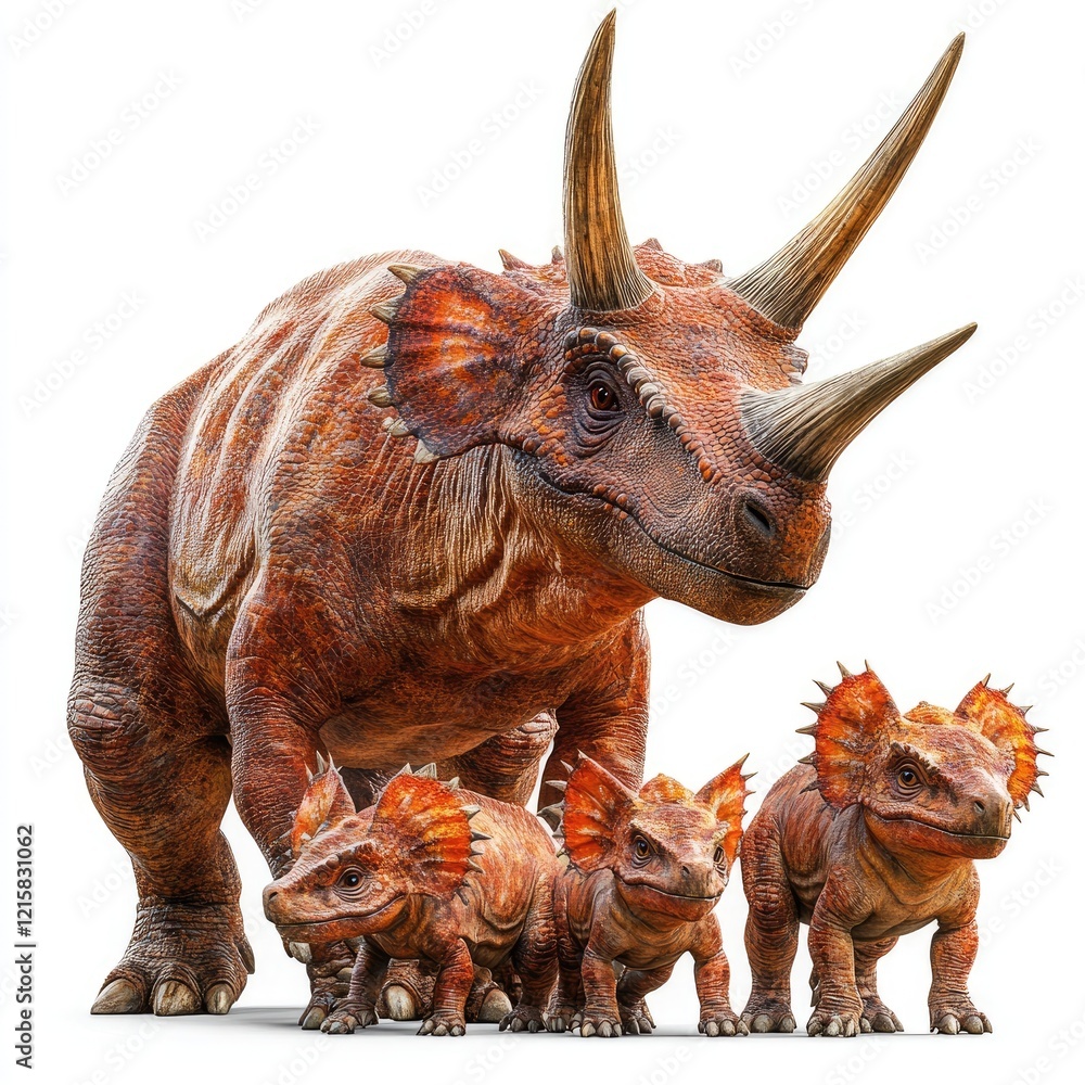 Fototapeta premium Triceratops family, prehistoric scene, white background, educational use