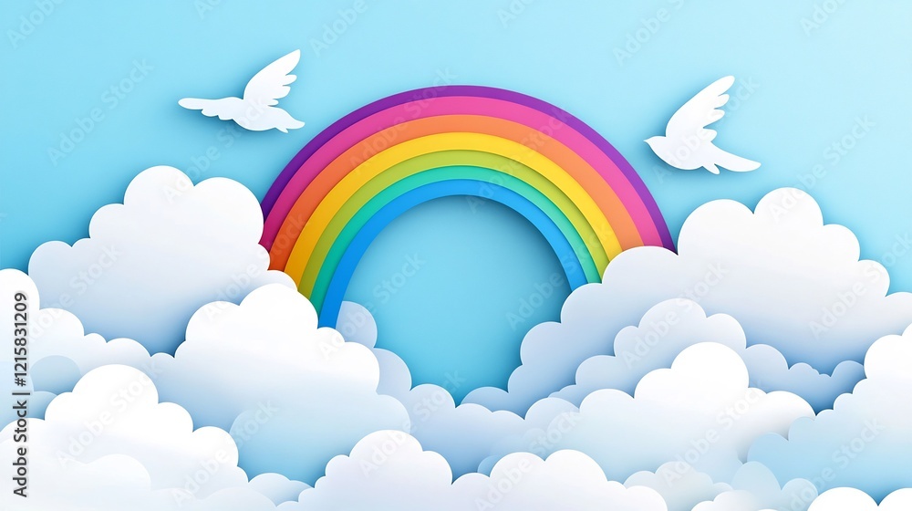 Vibrant rainbow arches gently over fluffy clouds two white doves soar peacefully. AI Generated Vibrant rainbow arches gently over fluffy clouds two white doves soar peacefully. AI Generated