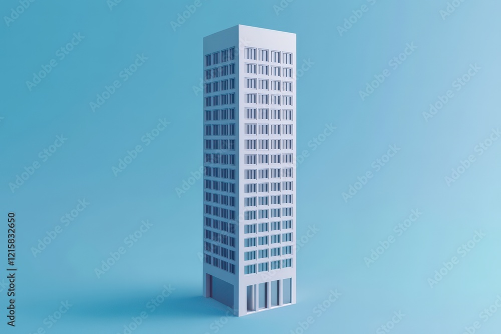 A minimalist white skyscraper model against a blue background A minimalist white skyscraper model against a blue background