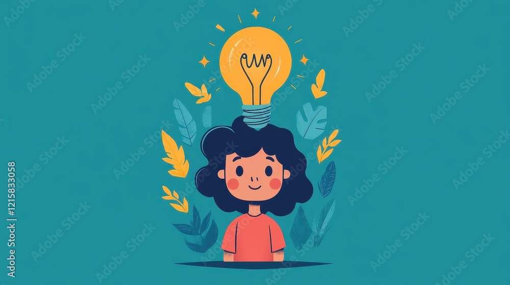 Young child with a glowing light bulb above their head symbolizing creativity and innovation flat design front view tech-inspired theme cartoon drawing vivid Young child with a glowing light bulb above their head symbolizing creativity and innovation flat design front view tech-inspired theme cartoon drawing vivid