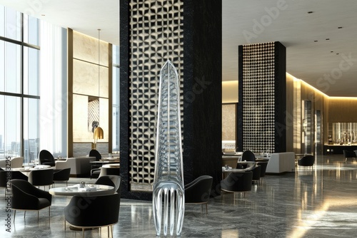 Modern restaurant lobby with city view, giant fork sculpture. Use Interior design, hospitality