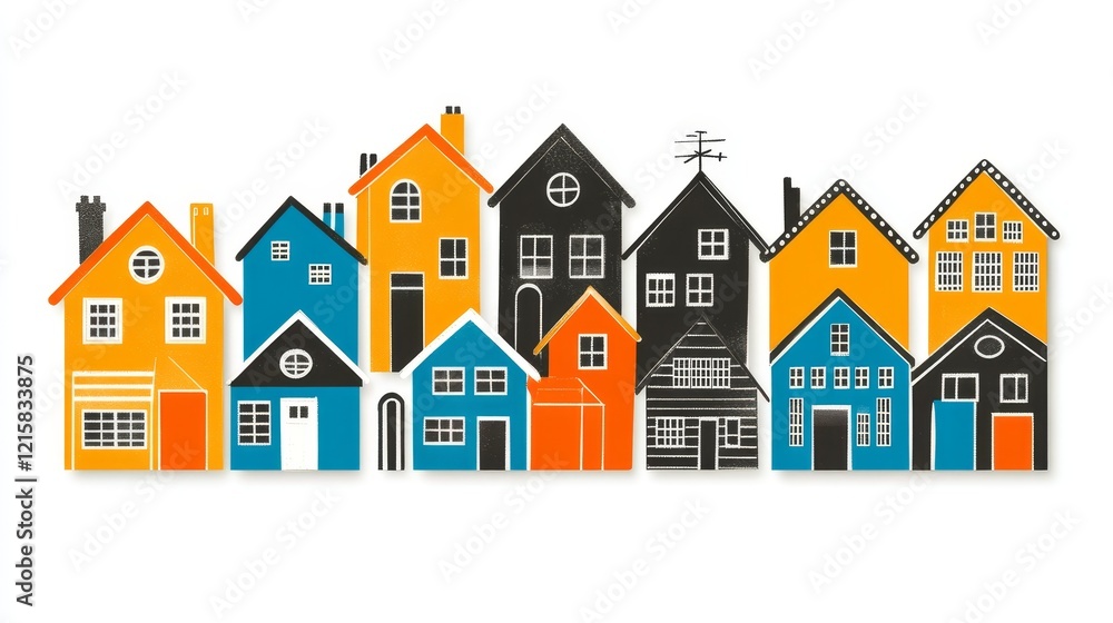 A Colorful Row of Stylized Houses in a Charming Neighborhood A Colorful Row of Stylized Houses in a Charming Neighborhood