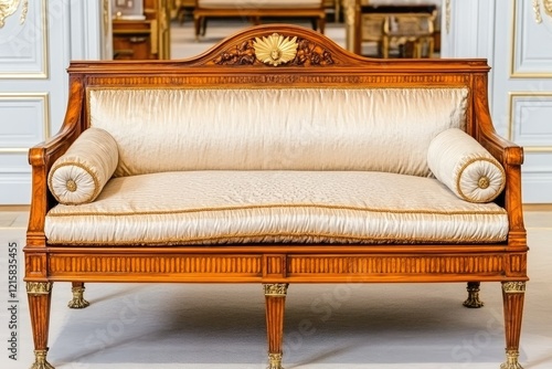 Elegant antique sofa, ornate wood, luxury interior, museum setting, home decor photo