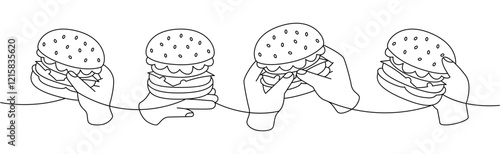 Hands holding a burgers one line continuous drawing. Traditional American fast food. Takeaway snack. Vector illustration.