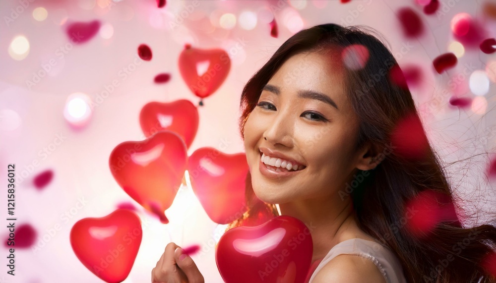 Romantic Gesture, Woman with Heart-Shaped Balloons on Valentine’s Day Romantic Gesture, Woman with Heart-Shaped Balloons on Valentine’s Day