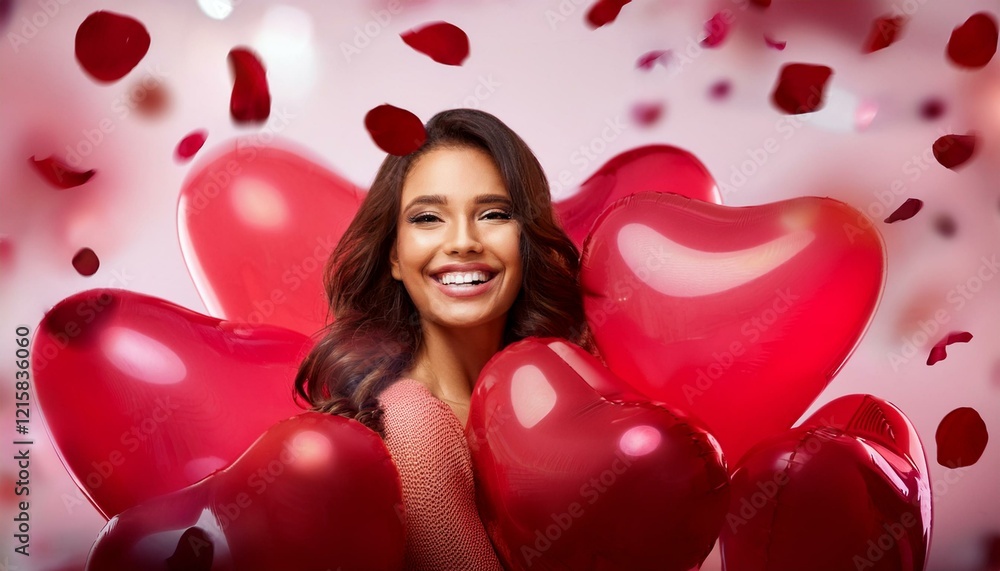Heart-Shaped Balloons Falling Around Woman, Soft Smile on Valentine’s Day Heart-Shaped Balloons Falling Around Woman, Soft Smile on Valentine’s Day