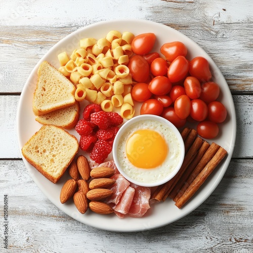 Healthy breakfast plate egg, bread, fruit, nuts, pasta