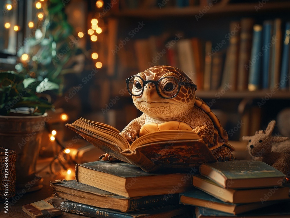Turtle reading a book in a cozy library. AI. Turtle reading a book in a cozy library. AI.