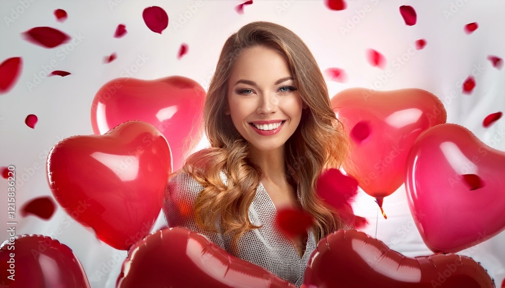 Soft Smile and Heart-Shaped Balloons Surrounding Woman on Valentine’s Day Soft Smile and Heart-Shaped Balloons Surrounding Woman on Valentine’s Day