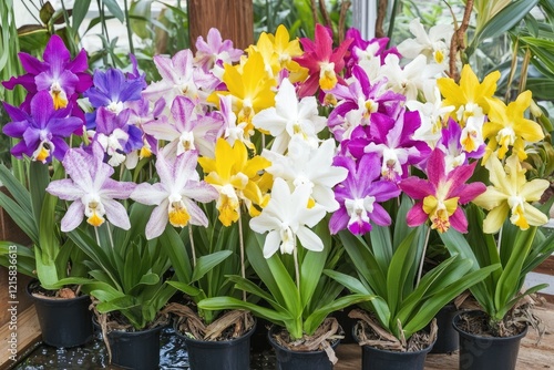 Colorful orchids blooming in greenhouse, vibrant flowers, plants in pots