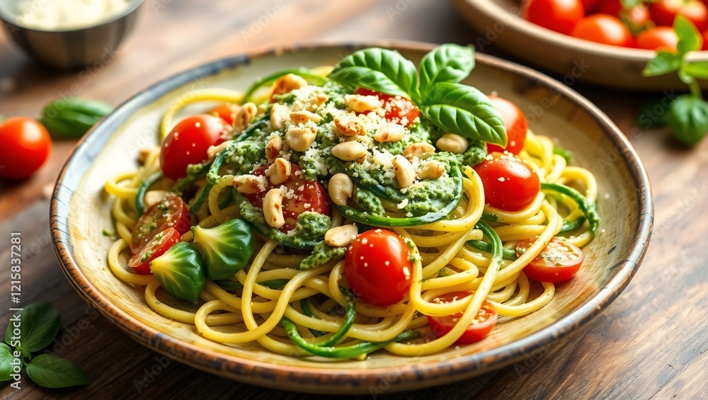 Delicious pasta served with cherry tomatoes, fresh basil, and toasted pine nuts in a rustic bowl, embodying Mediterranean cuisine vibrant flavors and aesthetics. Delicious pasta served with cherry tomatoes, fresh basil, and toasted pine nuts in a rustic bowl, embodying Mediterranean cuisine vibrant flavors and aesthetics.