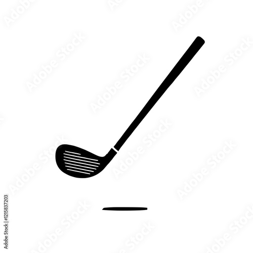Golf Driver Icon: A minimalist black and white illustration of a golf driver positioned above a golf ball, ready for a powerful swing.