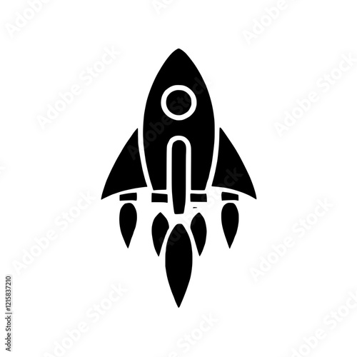 Rocket Launch Icon: A bold, black silhouette of a rocket ship blasting off, symbolizing new beginnings, innovation, and rapid growth.  Perfect for startup businesses and projects. 