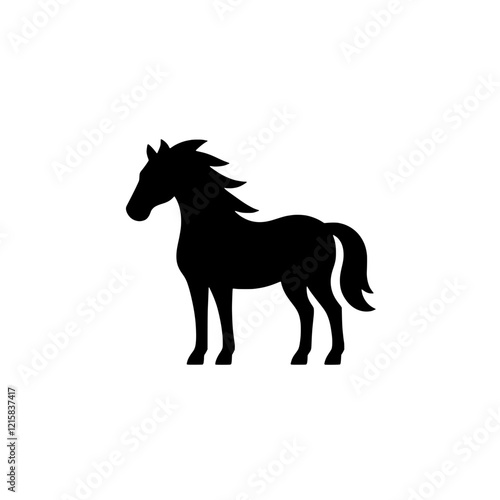 Horse Silhouette Icon: A sleek and elegant black silhouette of a horse stands against a white background, capturing the grace and power of this majestic animal. The silhouette is simple yet striking.