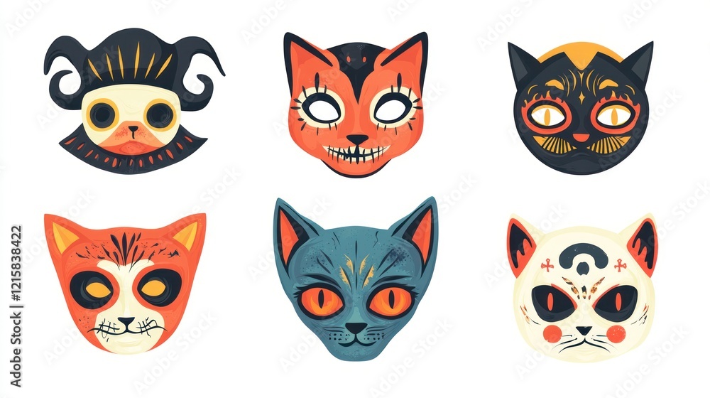 Six spooky cat masks in various colors and designs. Six spooky cat masks in various colors and designs.