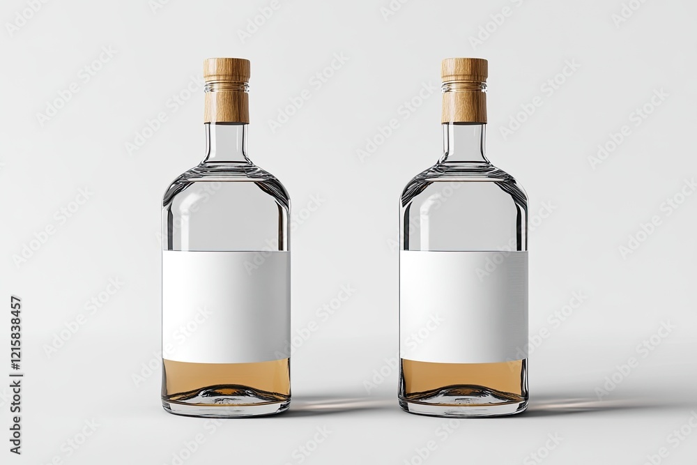 Two clear glass bottles with blank labels on white background, studio shot, product mockup for packaging design Two clear glass bottles with blank labels on white background, studio shot, product mockup for packaging design