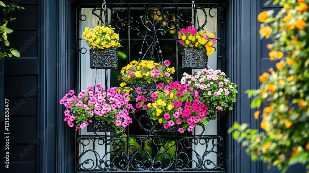 Fototapeta premium Colorful hanging flowers adorn a dark window. Home decor, spring scene