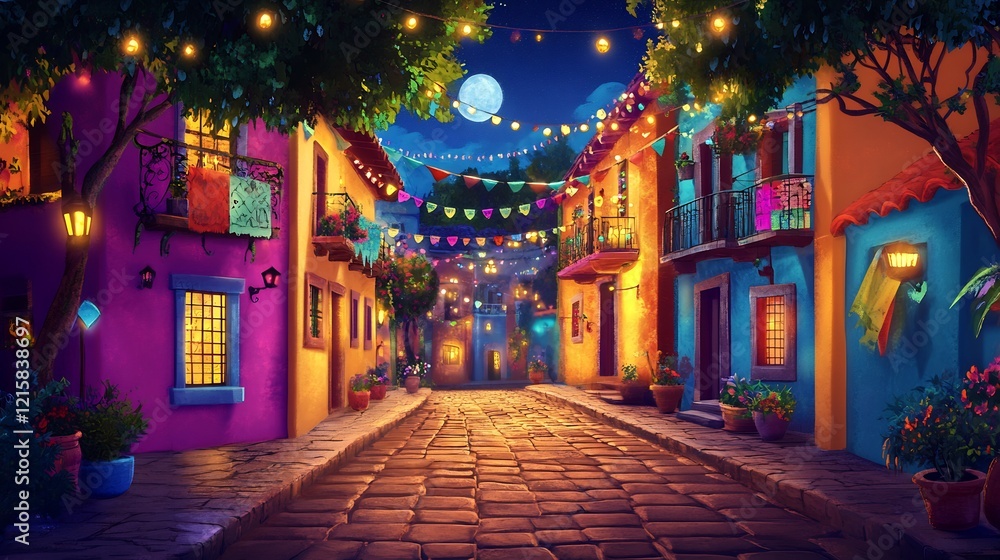 Fototapeta premium Vibrant Night Street Festive Illumination. AI Generated