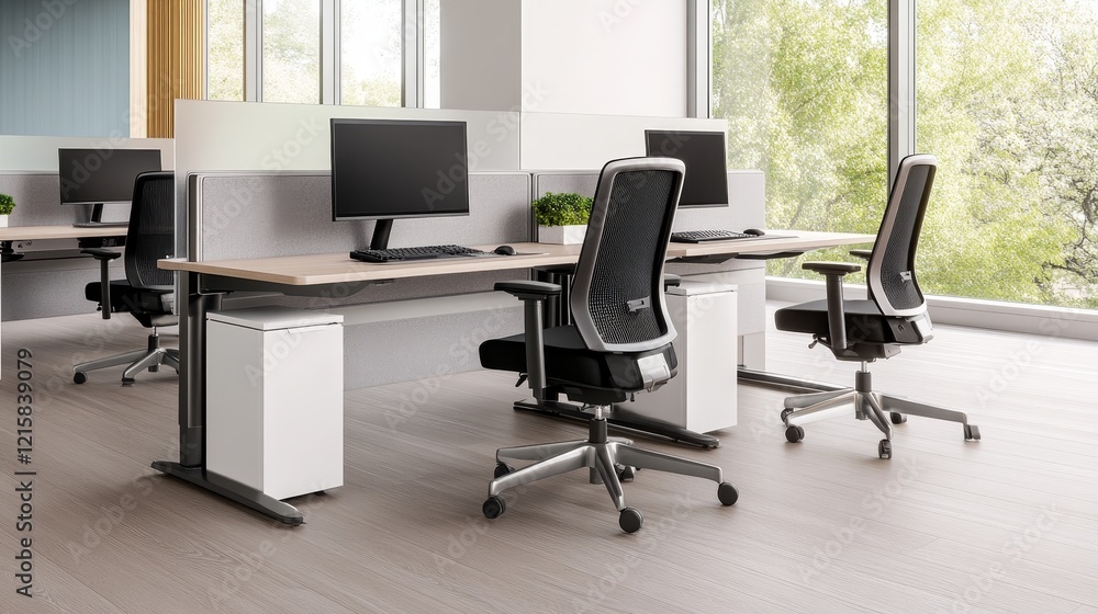 Modern office interior featuring ergonomic desks and chairs, with natural light and greenery outside Modern office interior featuring ergonomic desks and chairs, with natural light and greenery outside