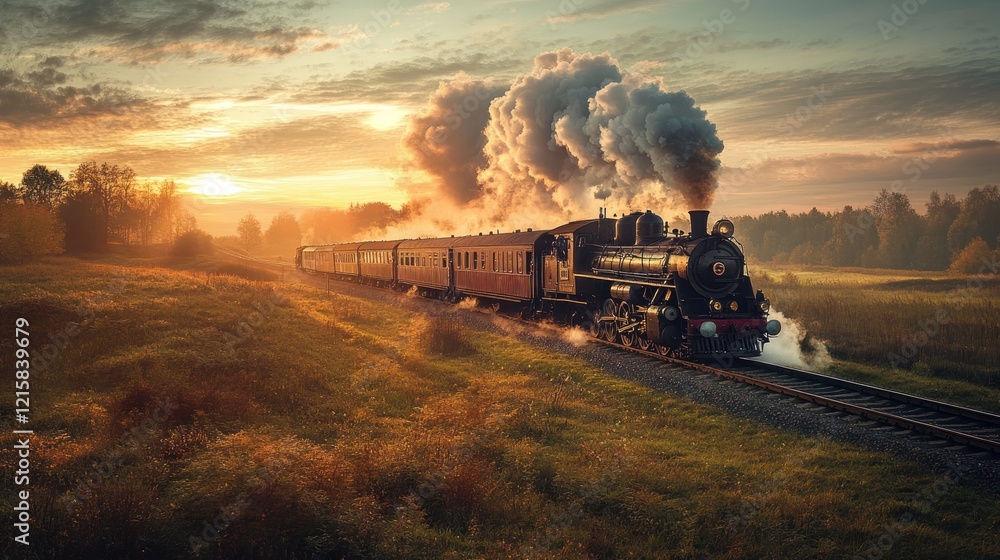 Fototapeta premium Vintage steam train chugging along tracks at golden sunset in tranquil countryside scene