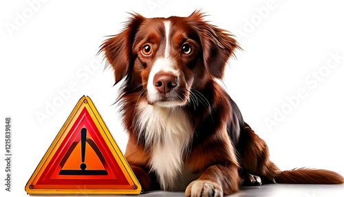 A brown dog sits near a warning sign, possibly about danger. photo