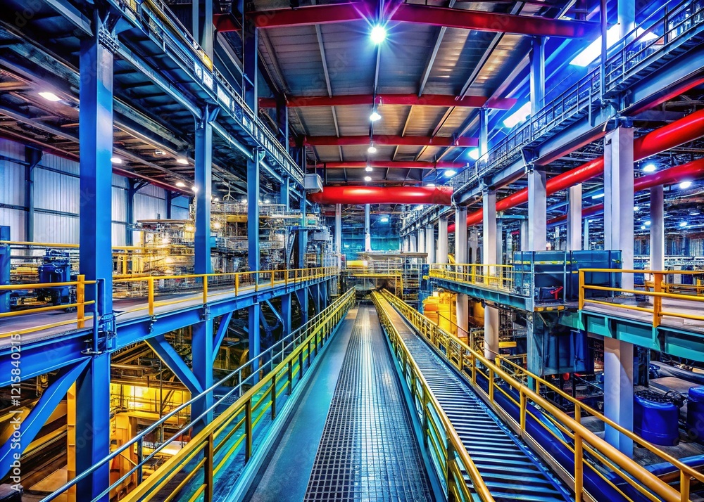 Fototapeta premium Industrial Chemical Plant Warehouse Conveyor System, Manufacturing Facility Material Transport