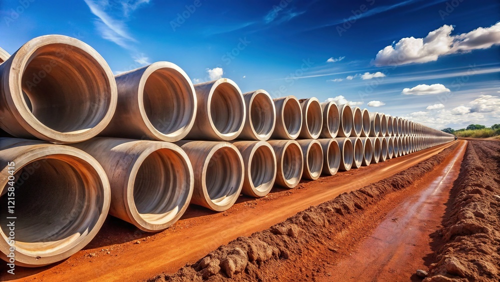 Large Concrete Pipes at Construction Site, Red Soil, Horizontal Alignment Large Concrete Pipes at Construction Site, Red Soil, Horizontal Alignment
