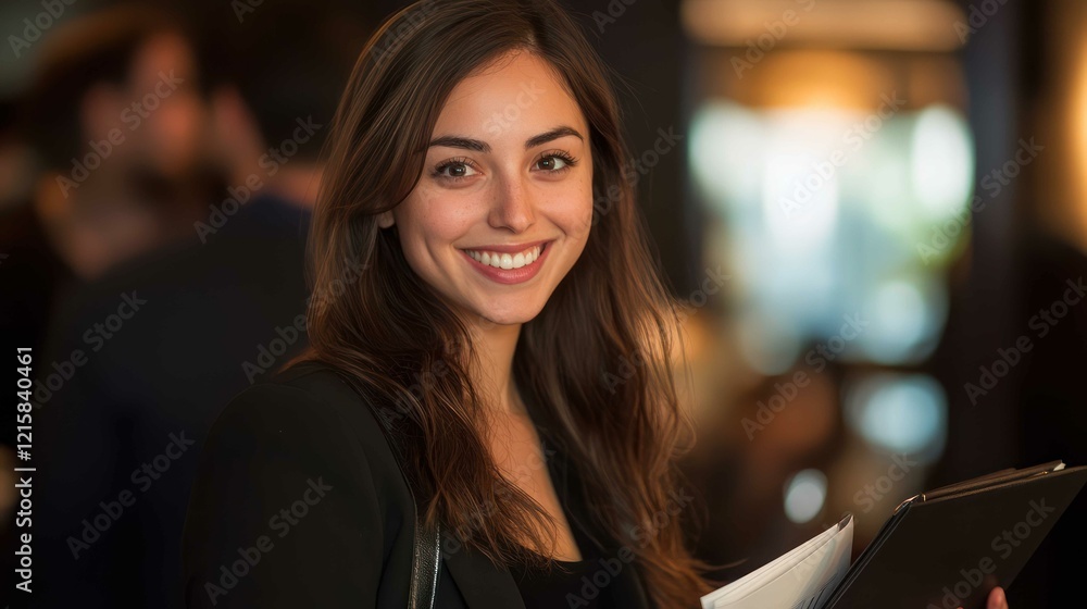 A confident young businesswoman networking at a professional event, holding a portfolio and making connections A confident young businesswoman networking at a professional event, holding a portfolio and making connections