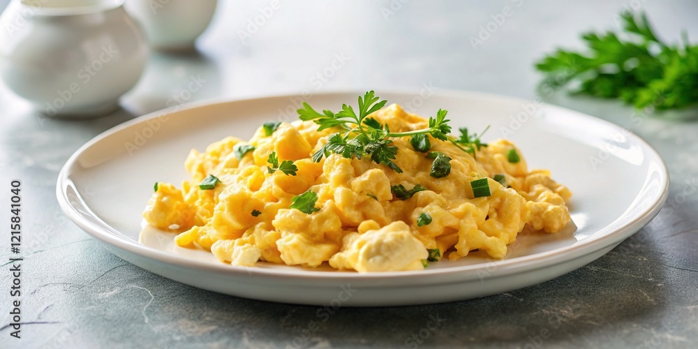 Minimalist Scrambled Eggs Breakfast Food Photography - Yellow Plate White Background Minimalist Scrambled Eggs Breakfast Food Photography - Yellow Plate White Background