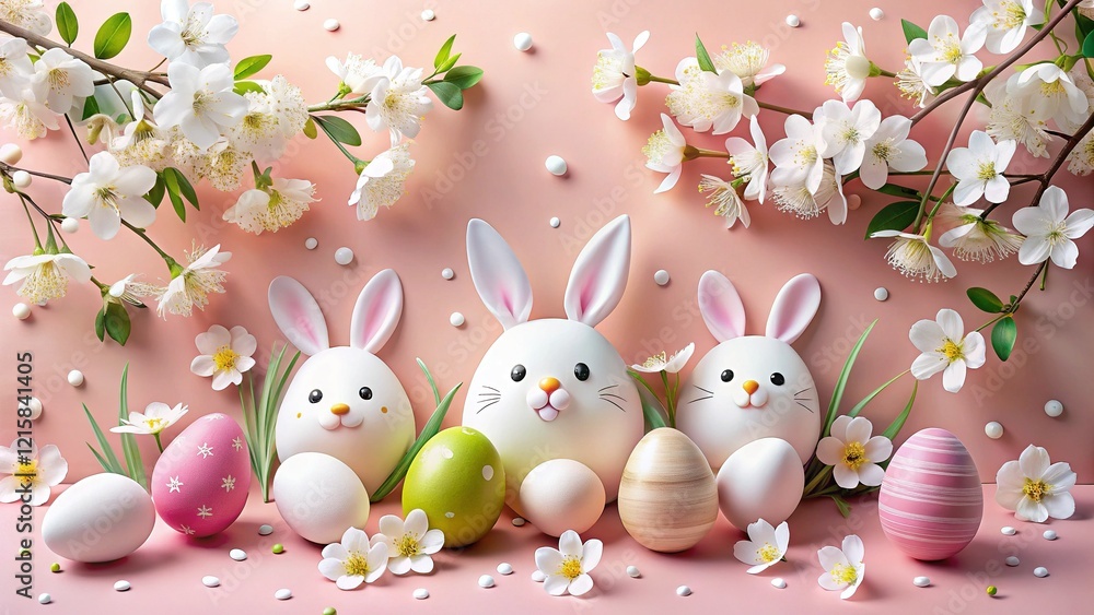 Obraz premium Pastel Pink Easter Banner: Spring Flowers, Eggs & Bunnies