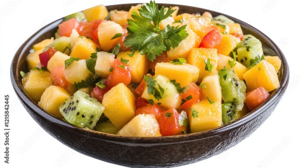 A vibrant bowl of tropical fruit salsa with diced pineapple, mango, kiwi A vibrant bowl of tropical fruit salsa with diced pineapple, mango, kiwi