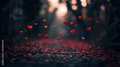 Red hearts gently float down a mystical forest path bathed in warm sunset light. AI Generated