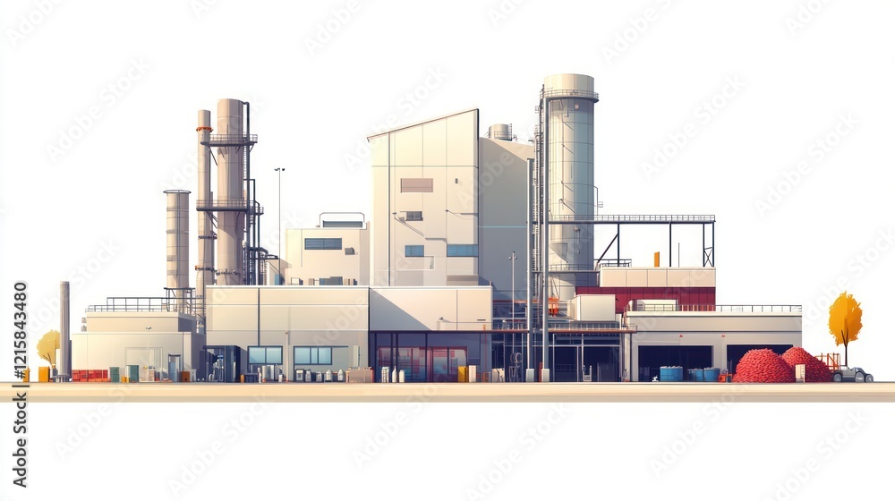 Fototapeta premium Industrial factory complex with silos, buildings, and storage.