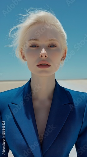 Model posing in a blue outfit against a clear sky in a desert location during daylight